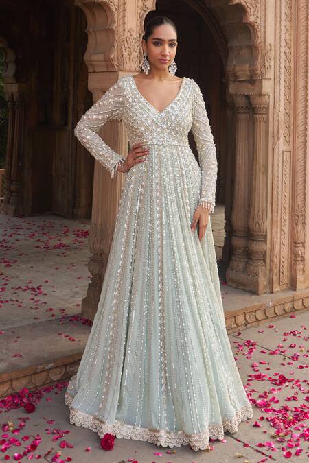 Nidhika Shekhar_Green Net, Georgette, Linen Sequins, Pearls, Cut Sage Embroidered Anarkali Set _Online_at_Aza_Fashions