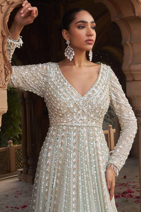 Buy_Nidhika Shekhar_Green Net, Georgette, Linen Sequins, Pearls, Cut Sage Embroidered Anarkali Set _Online_at_Aza_Fashions