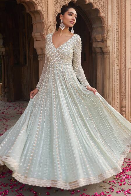 Shop_Nidhika Shekhar_Green Net, Georgette, Linen Sequins, Pearls, Cut Sage Embroidered Anarkali Set _Online_at_Aza_Fashions