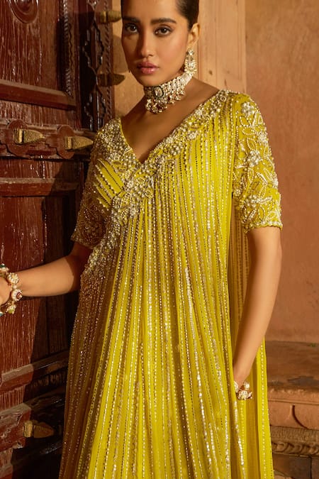 Buy_Nidhika Shekhar_Yellow Organza, Georgette, Chanderi Sequins, Pearls Butti Woven Lehenga Set _Online_at_Aza_Fashions