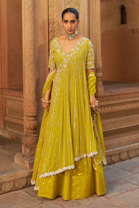 Shop_Nidhika Shekhar_Yellow Organza, Georgette, Chanderi Sequins, Pearls Butti Woven Lehenga Set _Online_at_Aza_Fashions