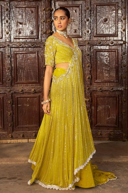Nidhika Shekhar_Yellow Organza, Georgette, Chanderi Sequins, Pearls Butti Woven Lehenga Set _at_Aza_Fashions