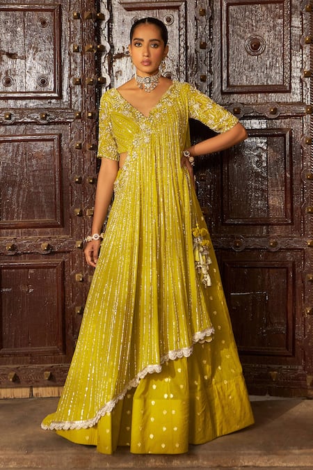 Buy_Nidhika Shekhar_Yellow Organza, Georgette, Chanderi Sequins, Pearls Butti Woven Lehenga Set 