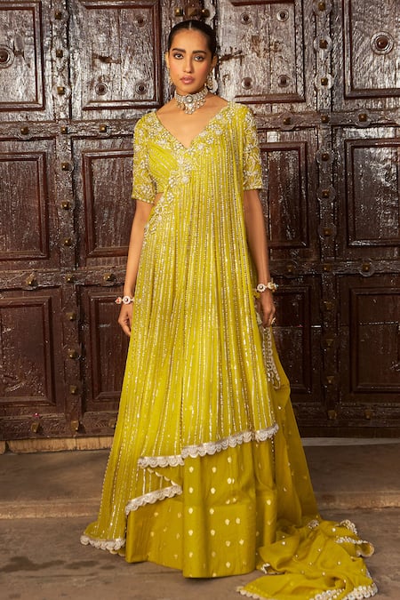 Shop_Nidhika Shekhar_Yellow Organza, Georgette, Chanderi Sequins, Pearls Butti Woven Lehenga Set 