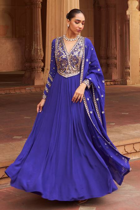 Nidhika Shekhar_Purple Organza, Crepe Sequins, Embroidery V-neck Bloom Anarkali Set With Dupatta _Online_at_Aza_Fashions