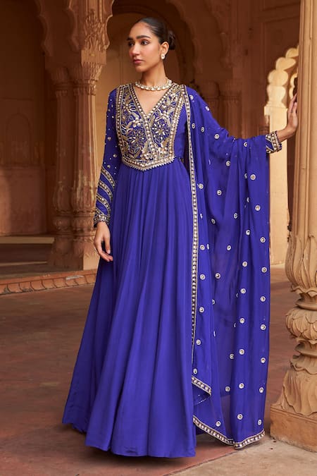 Buy_Nidhika Shekhar_Purple Organza, Crepe Sequins, Embroidery V-neck Bloom Anarkali Set With Dupatta _Online_at_Aza_Fashions