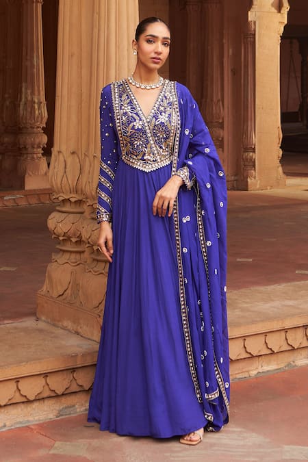 Shop_Nidhika Shekhar_Purple Organza, Crepe Sequins, Embroidery V-neck Bloom Anarkali Set With Dupatta _Online_at_Aza_Fashions