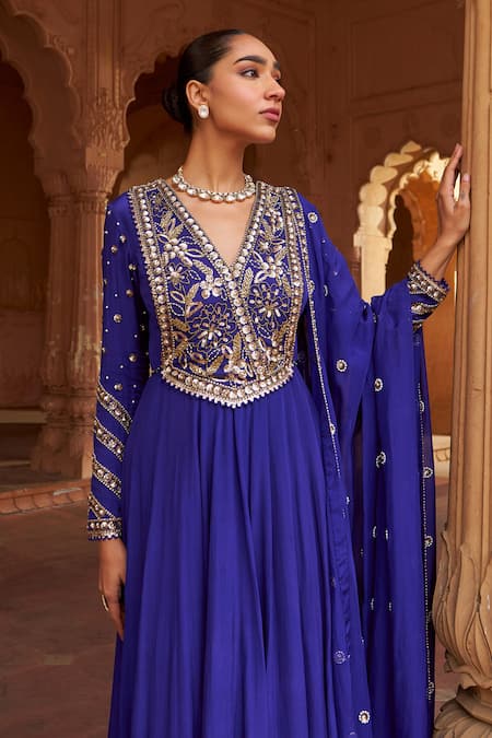 Nidhika Shekhar_Purple Organza, Crepe Sequins, Embroidery V-neck Bloom Anarkali Set With Dupatta _at_Aza_Fashions