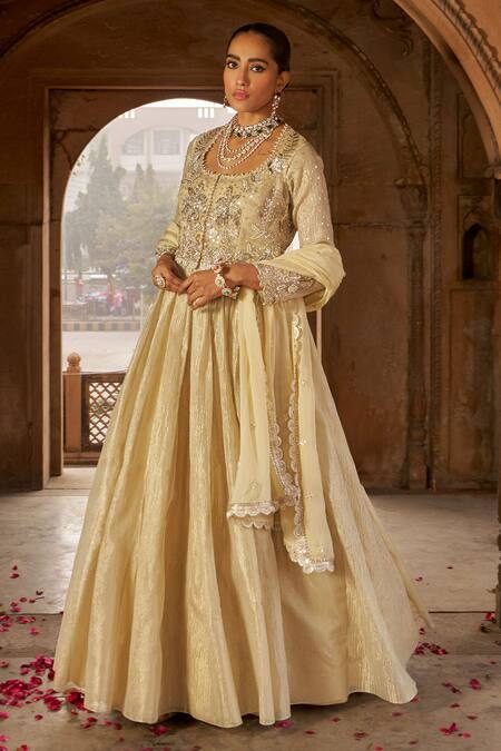Nidhika Shekhar_Gold Organza, Net, Tissue Sequins, Blossom Embroidered Jacket And Anarkali Set _Online_at_Aza_Fashions