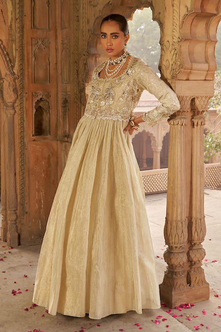 Buy_Nidhika Shekhar_Gold Organza, Net, Tissue Sequins, Blossom Embroidered Jacket And Anarkali Set _Online_at_Aza_Fashions