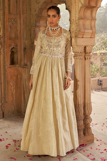 Shop_Nidhika Shekhar_Gold Organza, Net, Tissue Sequins, Blossom Embroidered Jacket And Anarkali Set _Online_at_Aza_Fashions