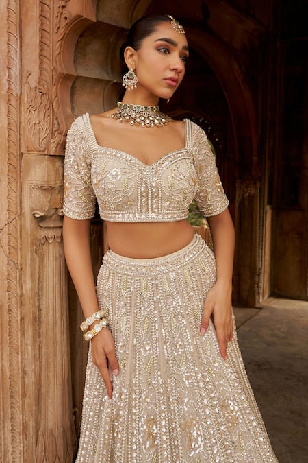 Nidhika Shekhar Ivory Organza, Linen Sequins, Pearls, Embroidery, Dirty Blossom Lehenga Set Online at Aza Fashions Nidhika Shekhar_Ivory Organza, Linen Sequins, Pearls, Embroidery, Dirty Blossom Lehenga Set _Online_at_Aza_Fashions