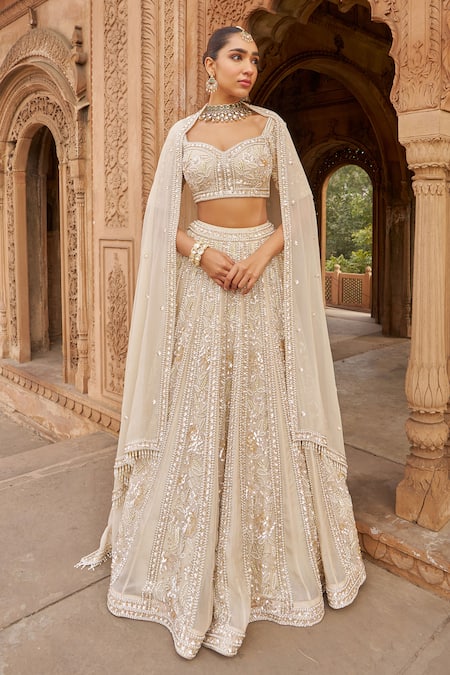 Shop Nidhika Shekhar Ivory Organza, Linen Sequins, Pearls, Embroidery, Dirty Blossom Lehenga Set Online at Aza Fashions Shop_Nidhika Shekhar_Ivory Organza, Linen Sequins, Pearls, Embroidery, Dirty Blossom Lehenga Set _Online_at_Aza_Fashions