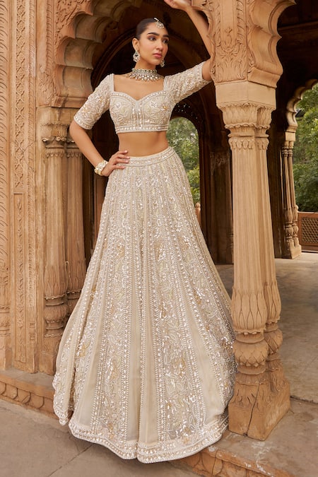 Nidhika Shekhar Ivory Organza, Linen Sequins, Pearls, Embroidery, Dirty Blossom Lehenga Set at Aza Fashions Nidhika Shekhar_Ivory Organza, Linen Sequins, Pearls, Embroidery, Dirty Blossom Lehenga Set _at_Aza_Fashions