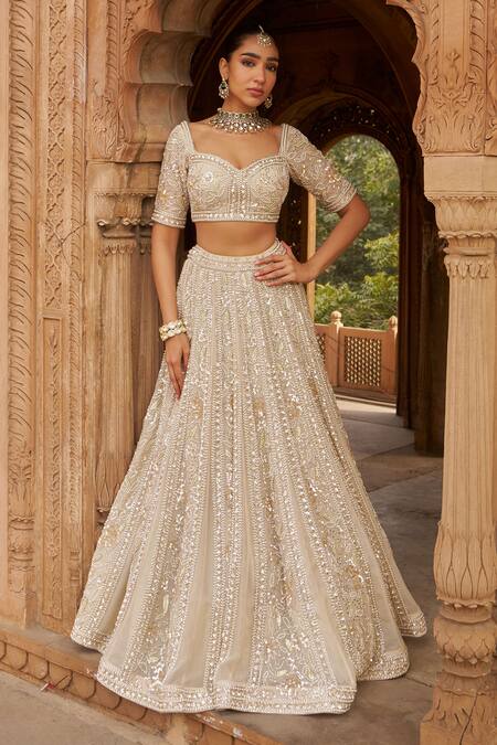 Buy Nidhika Shekhar Ivory Organza, Linen Sequins, Pearls, Embroidery, Dirty Blossom Lehenga Set Buy_Nidhika Shekhar_Ivory Organza, Linen Sequins, Pearls, Embroidery, Dirty Blossom Lehenga Set