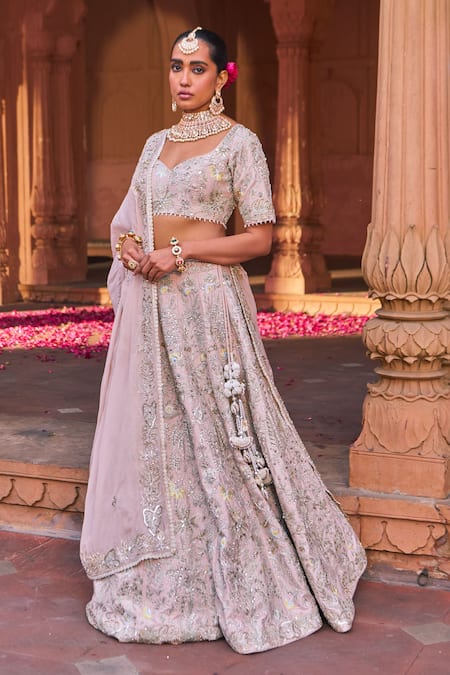 Nidhika Shekhar Pink Silk, Organza Sequins, Pearls Polo Pastel Embroidered Bridal Lehenga Set Online at Aza Fashions Nidhika Shekhar_Pink Silk, Organza Sequins, Pearls Polo Pastel Embroidered Bridal Lehenga Set _Online_at_Aza_Fashions