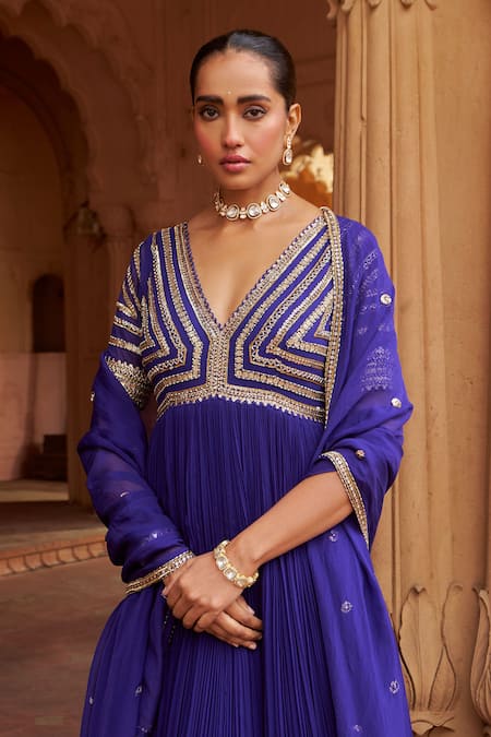 Buy_Nidhika Shekhar_Purple Organza, Georgette, Linen Sequins, Embroidery Anarkali Set With Dupatta _Online_at_Aza_Fashions