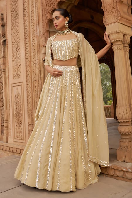 Buy Nidhika Shekhar Gold Organza, Linen Sequins Square Neck Embroidered Lehenga Set Buy_Nidhika Shekhar_Gold Organza, Linen Sequins Square Neck Embroidered Lehenga Set