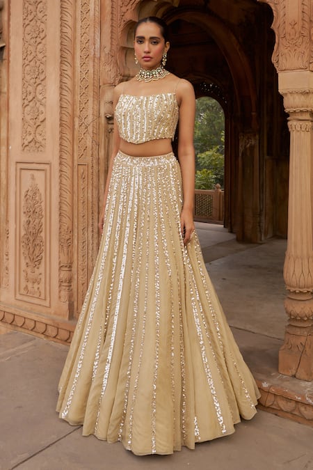 Shop Nidhika Shekhar Gold Organza, Linen Sequins Square Neck Embroidered Lehenga Set Shop_Nidhika Shekhar_Gold Organza, Linen Sequins Square Neck Embroidered Lehenga Set