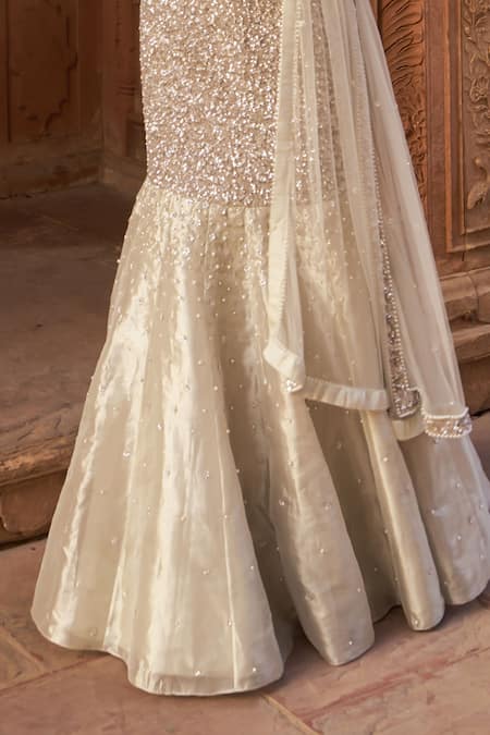 Nidhika Shekhar Silver Organza, Net, Silk Sequins, Pearls, Embellished Fishcut Lehenga Set Online at Aza Fashions Nidhika Shekhar_Silver Organza, Net, Silk Sequins, Pearls, Embellished Fishcut Lehenga Set _Online_at_Aza_Fashions