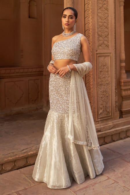 Buy Nidhika Shekhar Silver Organza, Net, Silk Sequins, Pearls, Embellished Fishcut Lehenga Set Online at Aza Fashions Buy_Nidhika Shekhar_Silver Organza, Net, Silk Sequins, Pearls, Embellished Fishcut Lehenga Set _Online_at_Aza_Fashions