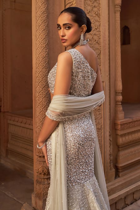 Shop Nidhika Shekhar Silver Organza, Net, Silk Sequins, Pearls, Embellished Fishcut Lehenga Set Online at Aza Fashions Shop_Nidhika Shekhar_Silver Organza, Net, Silk Sequins, Pearls, Embellished Fishcut Lehenga Set _Online_at_Aza_Fashions