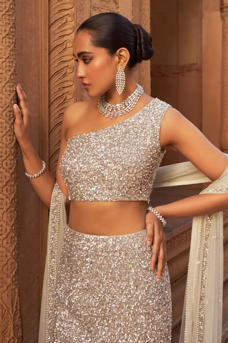 Nidhika Shekhar Silver Organza, Net, Silk Sequins, Pearls, Embellished Fishcut Lehenga Set at Aza Fashions Nidhika Shekhar_Silver Organza, Net, Silk Sequins, Pearls, Embellished Fishcut Lehenga Set _at_Aza_Fashions