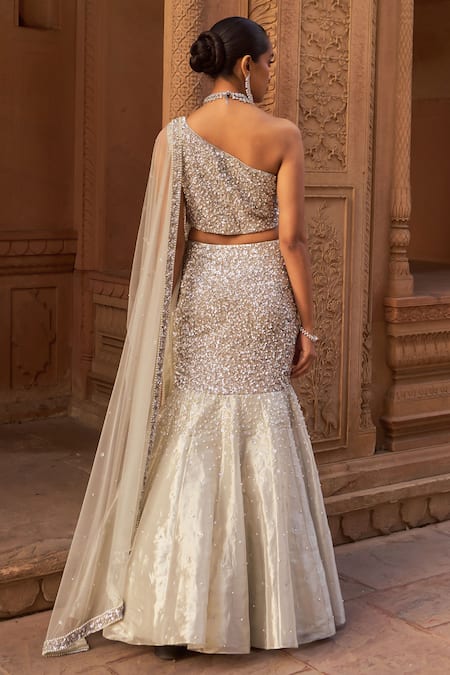 Nidhika Shekhar Silver Embellished Fishcut Lehenga Set 