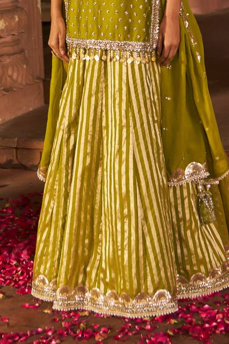Nidhika Shekhar Green Chanderi, Organza Sequins, Embroidery Bullian Bloom Kurta Lehenga Set Online at Aza Fashions Nidhika Shekhar_Green Chanderi, Organza Sequins, Embroidery Bullian Bloom Kurta Lehenga Set _Online_at_Aza_Fashions