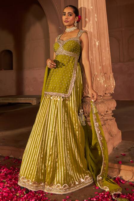 Buy Nidhika Shekhar Green Chanderi, Organza Sequins, Embroidery Bullian Bloom Kurta Lehenga Set Online at Aza Fashions Buy_Nidhika Shekhar_Green Chanderi, Organza Sequins, Embroidery Bullian Bloom Kurta Lehenga Set _Online_at_Aza_Fashions
