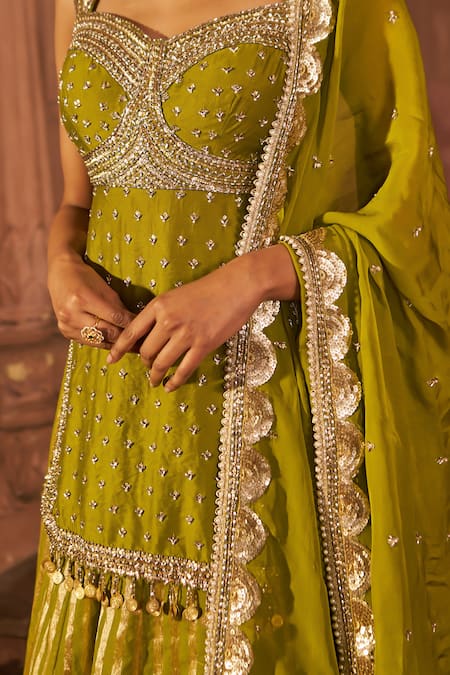Shop Nidhika Shekhar Green Chanderi, Organza Sequins, Embroidery Bullian Bloom Kurta Lehenga Set Online at Aza Fashions Shop_Nidhika Shekhar_Green Chanderi, Organza Sequins, Embroidery Bullian Bloom Kurta Lehenga Set _Online_at_Aza_Fashions