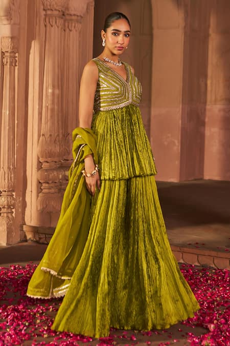 Nidhika Shekhar_Green Silk Organza, Crepe Sequins V-neck Embroidered Kurta Sharara Set _Online_at_Aza_Fashions