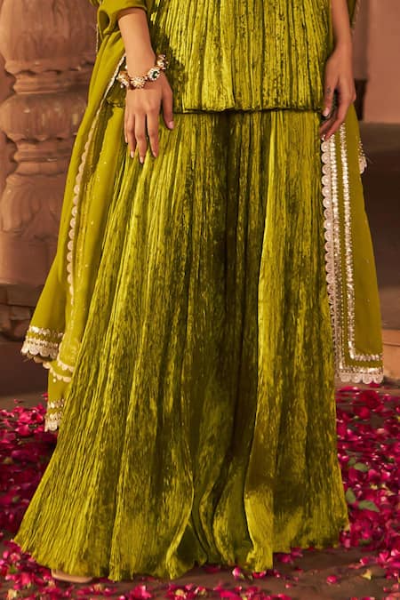 Buy_Nidhika Shekhar_Green Silk Organza, Crepe Sequins V-neck Embroidered Kurta Sharara Set _Online_at_Aza_Fashions
