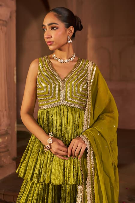 Shop_Nidhika Shekhar_Green Silk Organza, Crepe Sequins V-neck Embroidered Kurta Sharara Set _Online_at_Aza_Fashions