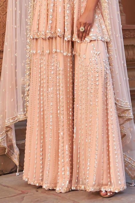 Nidhika Shekhar_Pink Net, Georgette, Linen Pearls, Sequins Blush And Embroidered Kurta Set _Online_at_Aza_Fashions
