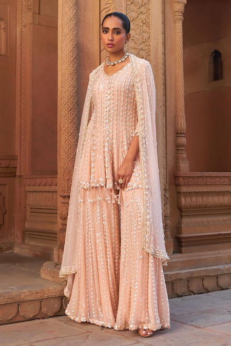 Buy_Nidhika Shekhar_Pink Net, Georgette, Linen Pearls, Sequins Blush And Embroidered Kurta Set _Online_at_Aza_Fashions