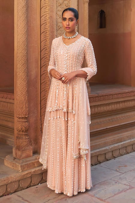 Shop_Nidhika Shekhar_Pink Net, Georgette, Linen Pearls, Sequins Blush And Embroidered Kurta Set _Online_at_Aza_Fashions