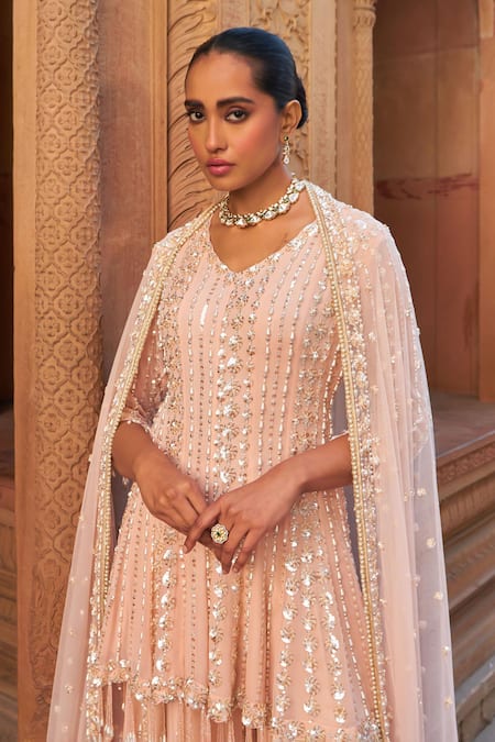 Nidhika Shekhar_Pink Net, Georgette, Linen Pearls, Sequins Blush And Embroidered Kurta Set _at_Aza_Fashions