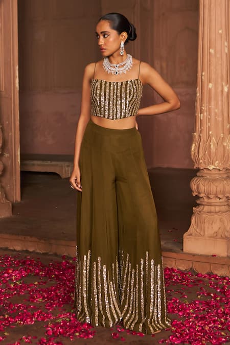 Nidhika Shekhar_Brown Organza, Linen Sequins Square Neck Embroidered Cape And Sharara Set _Online_at_Aza_Fashions