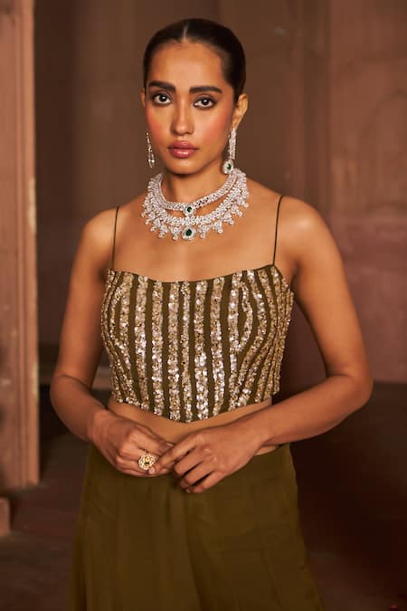 Buy_Nidhika Shekhar_Brown Organza, Linen Sequins Square Neck Embroidered Cape And Sharara Set _Online_at_Aza_Fashions