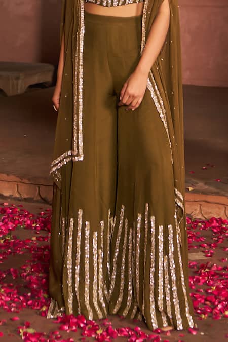 Shop_Nidhika Shekhar_Brown Organza, Linen Sequins Square Neck Embroidered Cape And Sharara Set _Online_at_Aza_Fashions