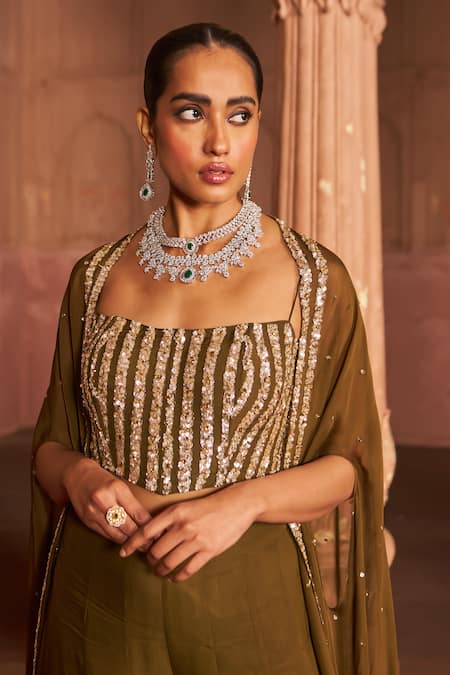 Nidhika Shekhar_Brown Organza, Linen Sequins Square Neck Embroidered Cape And Sharara Set _at_Aza_Fashions