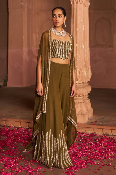 Buy_Nidhika Shekhar_Brown Organza, Linen Sequins Square Neck Embroidered Cape And Sharara Set 