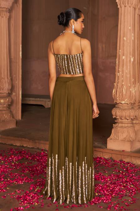 Shop_Nidhika Shekhar_Brown Organza, Linen Sequins Square Neck Embroidered Cape And Sharara Set 