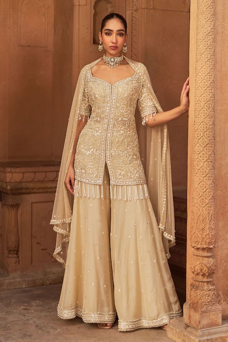 Nidhika Shekhar_Gold Organza, Net Sequins, Pearls, Beads Embroidered Kurta Sharara Set _Online_at_Aza_Fashions