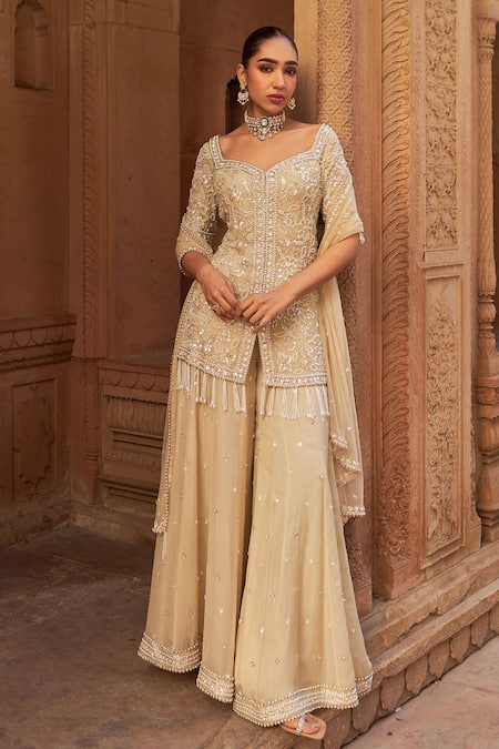 Buy_Nidhika Shekhar_Gold Organza, Net Sequins, Pearls, Beads Embroidered Kurta Sharara Set _Online_at_Aza_Fashions