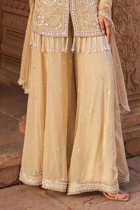 Shop_Nidhika Shekhar_Gold Organza, Net Sequins, Pearls, Beads Embroidered Kurta Sharara Set _Online_at_Aza_Fashions