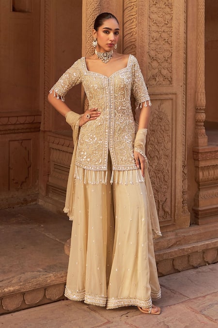 Buy_Nidhika Shekhar_Gold Organza, Net Sequins, Pearls, Beads Embroidered Kurta Sharara Set 