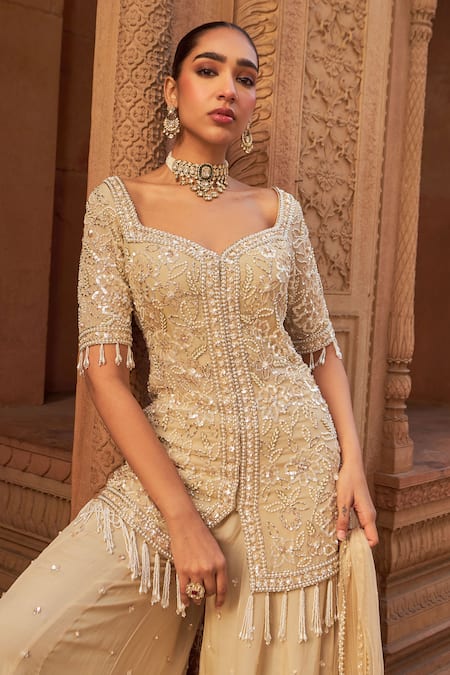 Shop_Nidhika Shekhar_Gold Organza, Net Sequins, Pearls, Beads Embroidered Kurta Sharara Set 