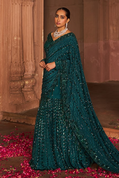 Nidhika Shekhar_Green Silk, Crepe, Linen Sequins V-neck Vine Embroidered Lehenga Saree Set _Online_at_Aza_Fashions